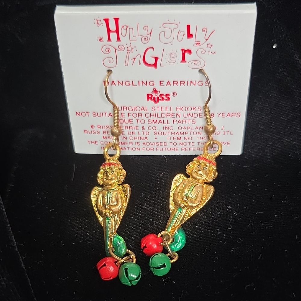 Holly Jolly Jinglers Russ Gold Angel Earrings with Red and Green Bells, Dangling